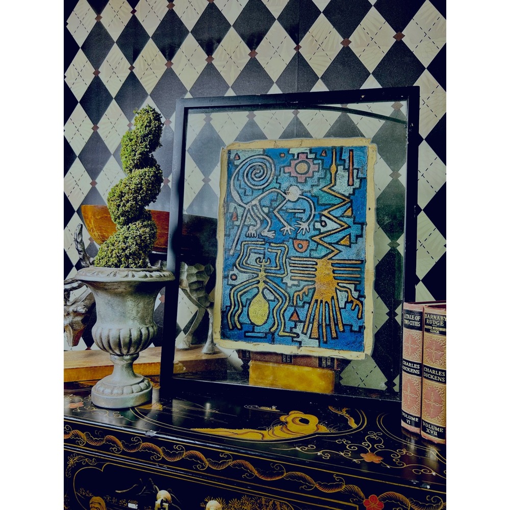 Peruvian Leather Folk Art Framed Paracas Nazca Style Cusco Painting 21x17 - Picture 16 of 17